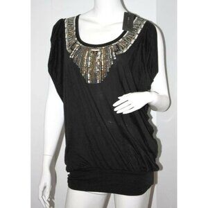 BCBG Max Azria Goddess Embroidered Scoop Neck Beaded Top Black ( M )